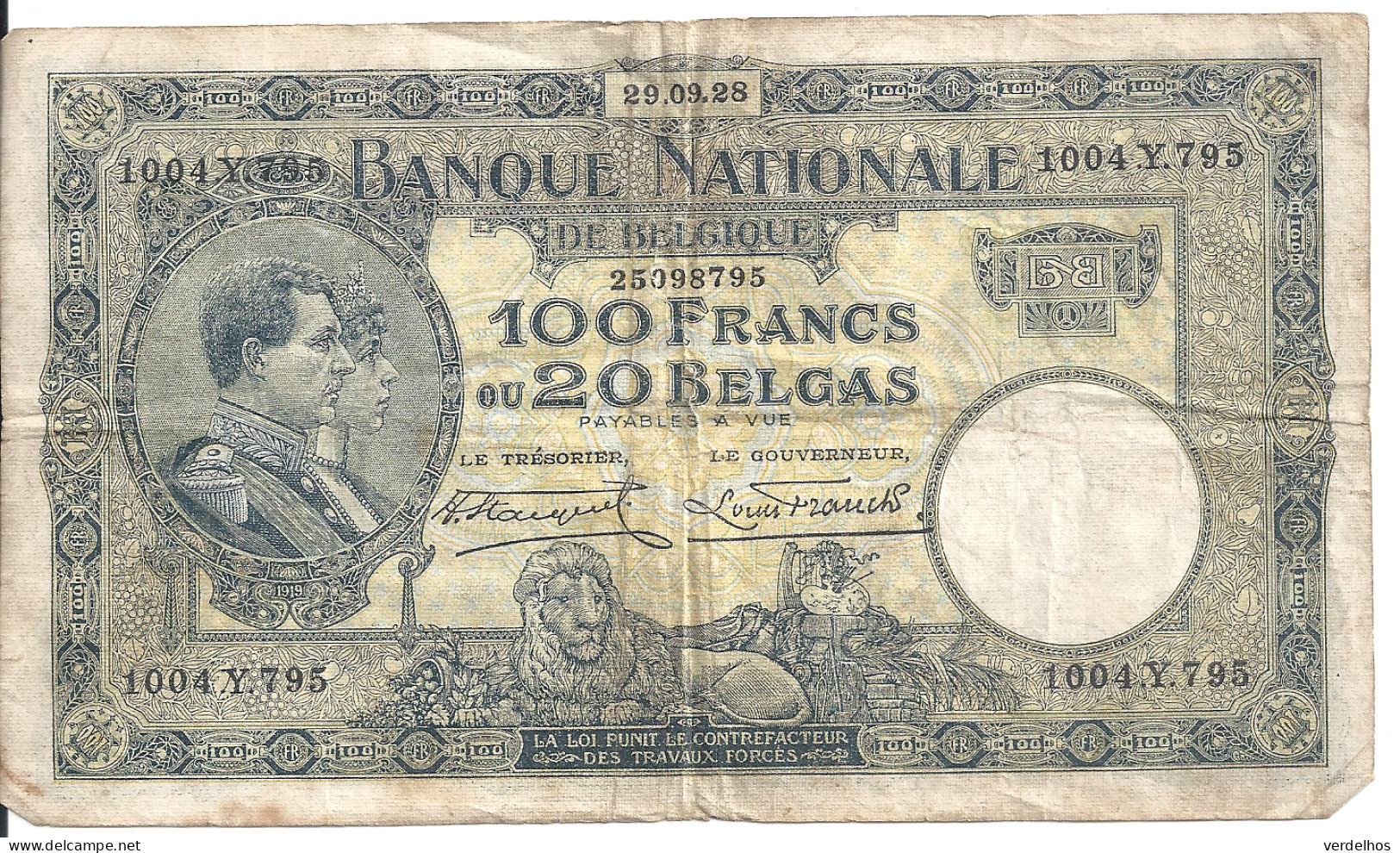 BELGIQUE 100 FRANCS 1928 VF P 102 - 100 Francos & 100 Francos-20 Belgas