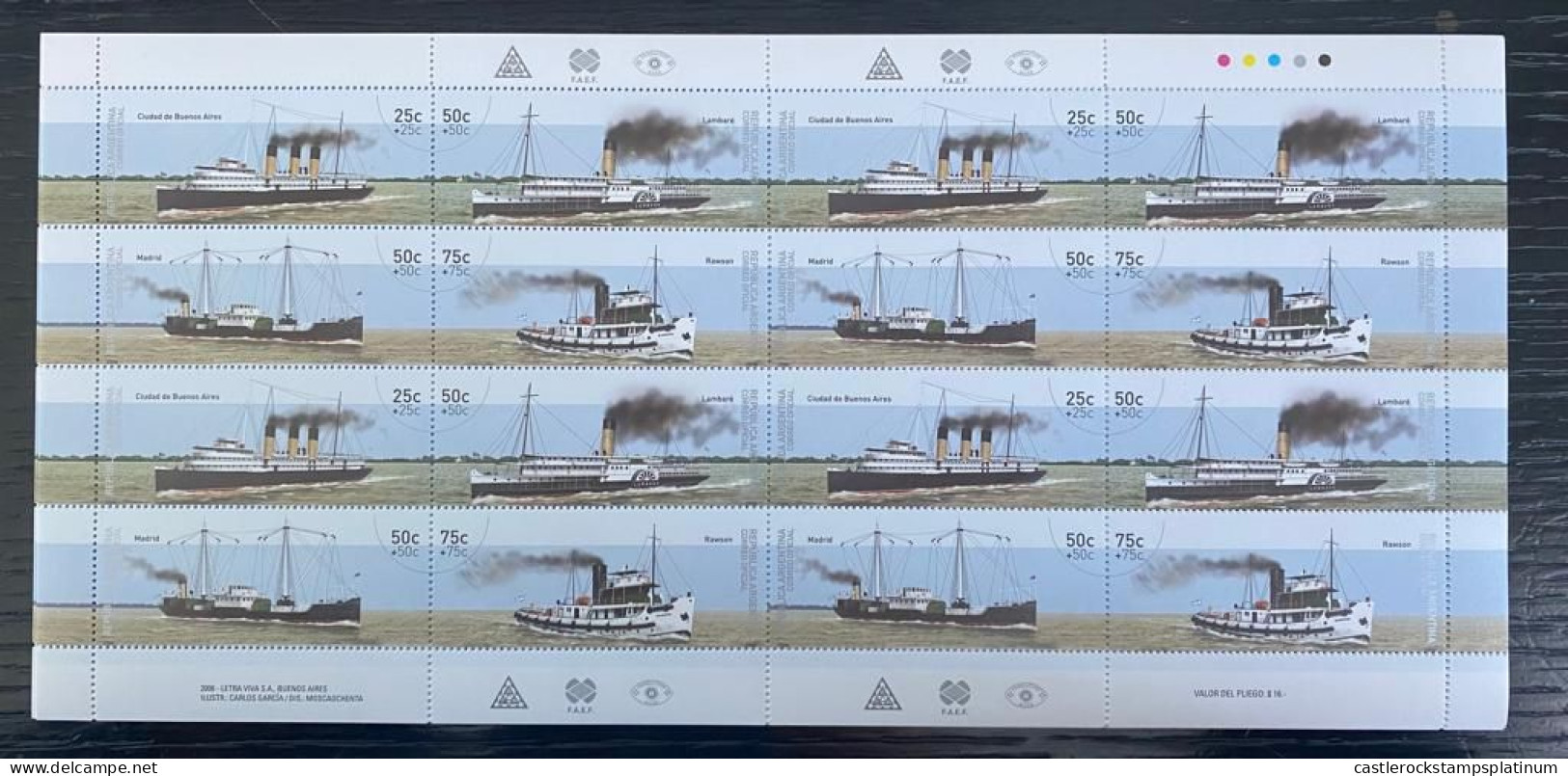 P) 2006 ARGENTINA, ARGENTINE PHILATELY RIVER TRANSPORT, FULL SHEET, COLOR PALETTE, MNH - Autres & Non Classés