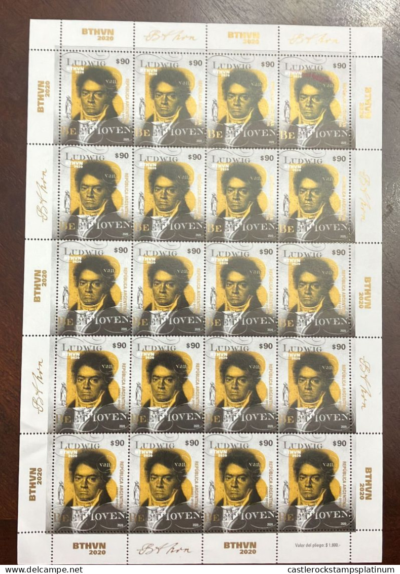 P) 2020 ARGENTINA, 250TH ANNIVERSARY BIRTH OF LUDWIG VAN BEETHOVEN, FULL SHEET, MNH - Autres & Non Classés