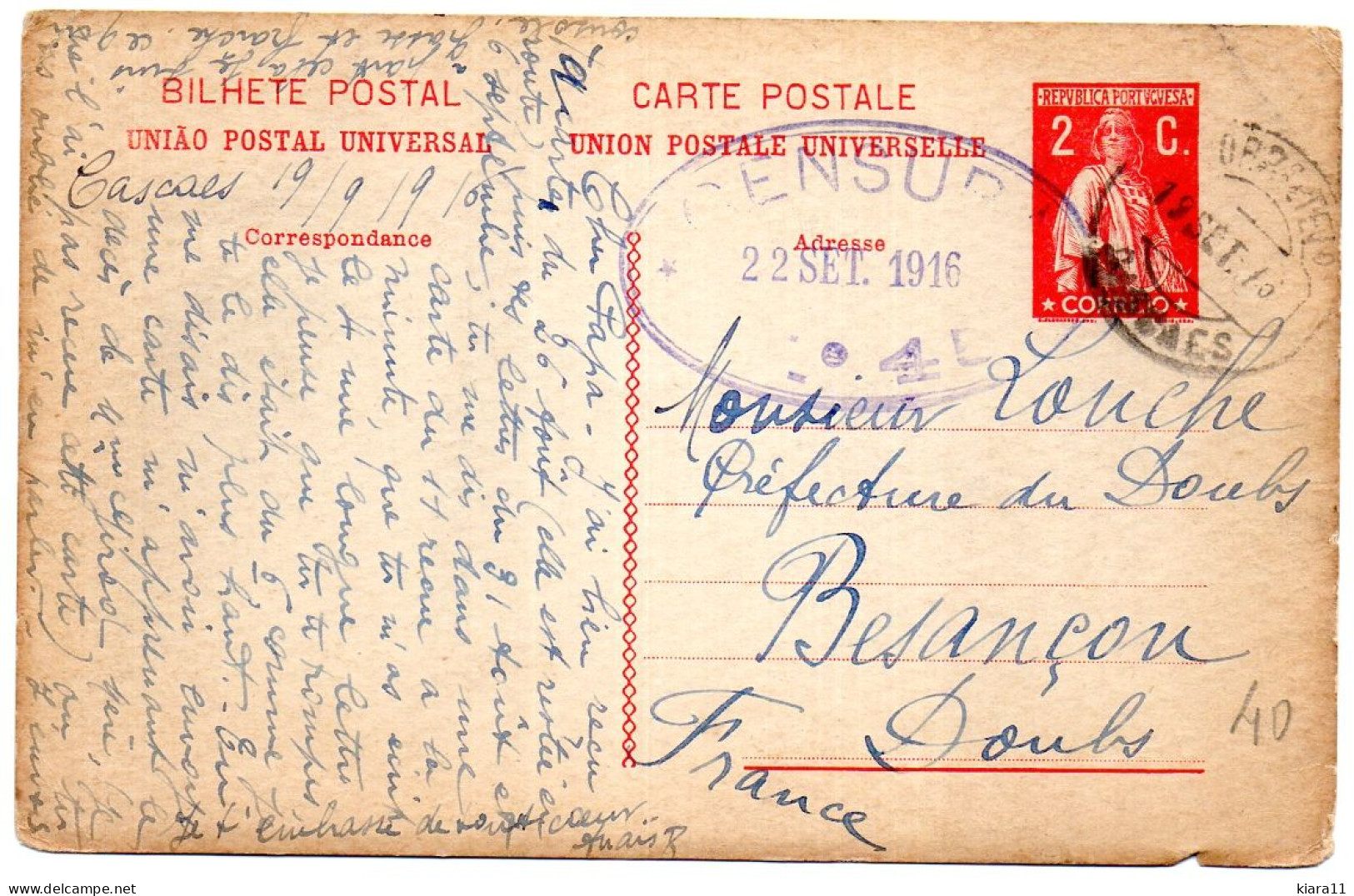 FRANCHISE MILITAIRE - PORTUGAL - CENSURE 45 - 22/09/1916 - CARCAES à BESANCON - Storia Postale