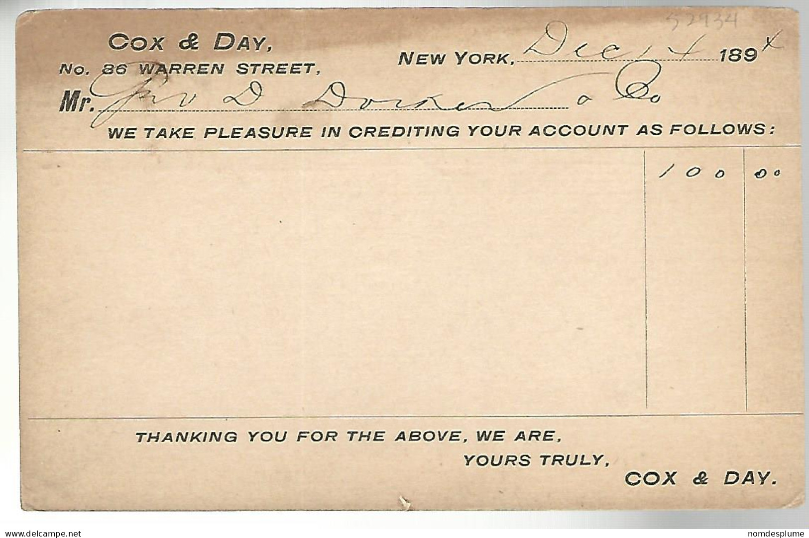 52934 ) USA Postal Stationery New York Postmark 1894 - ...-1900