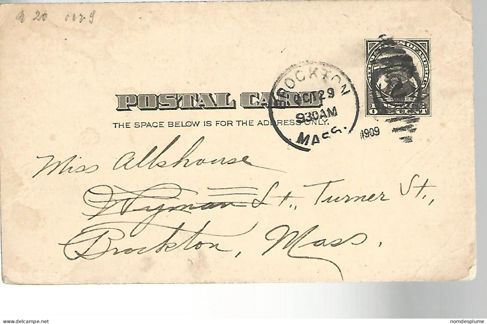 52939 ) USA Postal Stationery Brockton Postmark Duplex 1909 - 1901-20