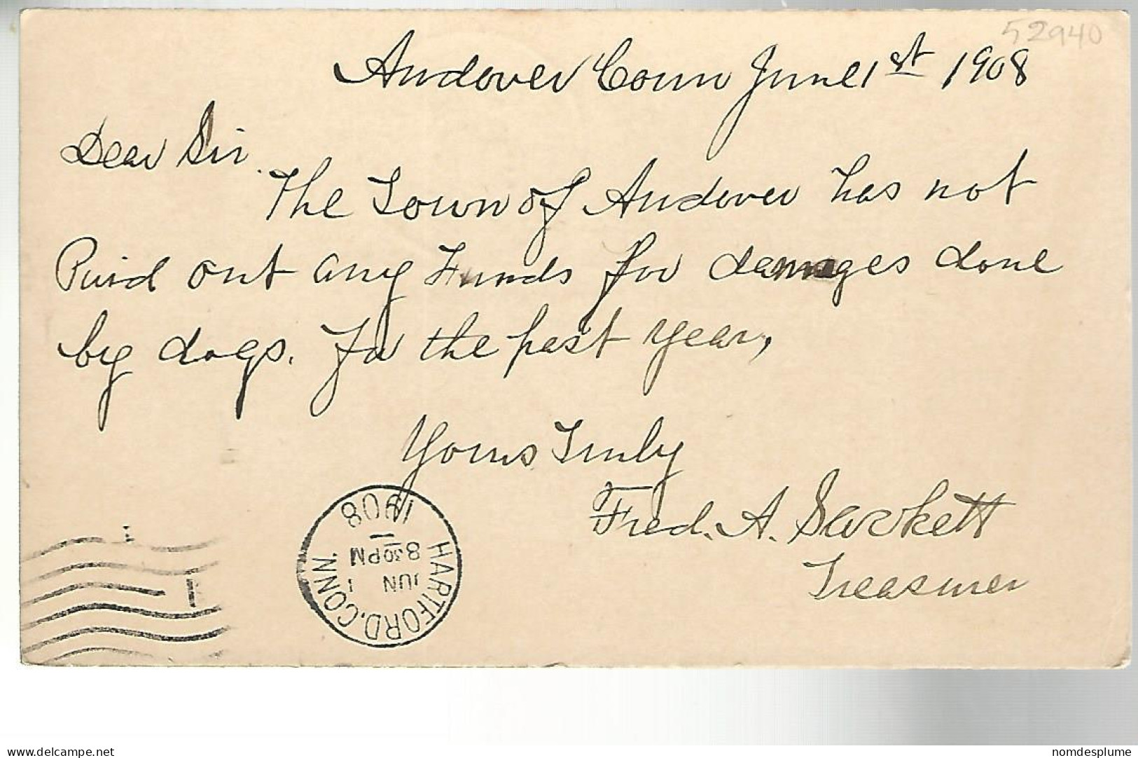 52940 ) USA Postal Stationery Andover Hartford Postmarks  1908 - 1901-20