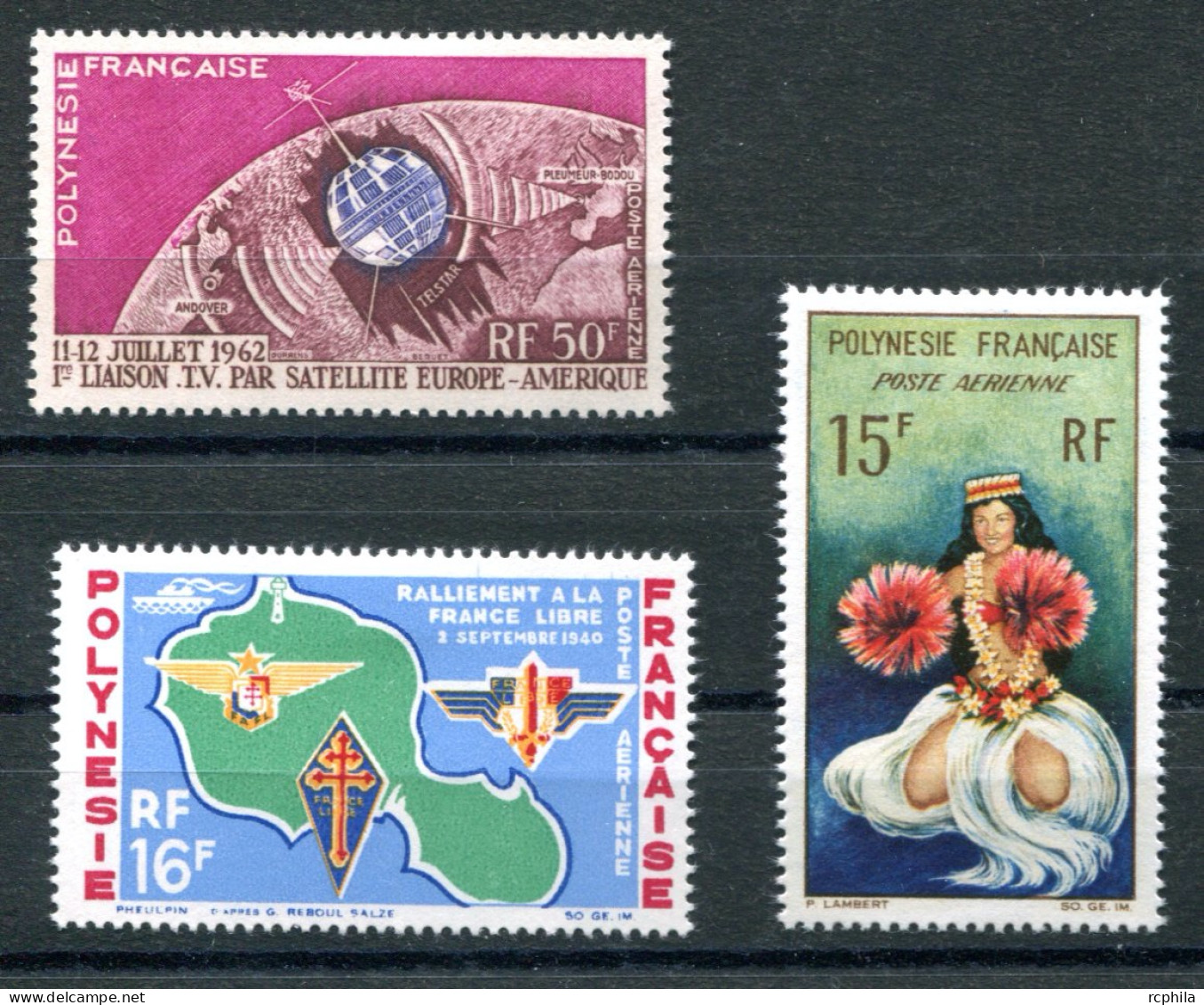 RC 25801 POLYNÉSIE COTE 38,30€ PA N° 6 / 8 TÉLÉCOMMUNICATIONS DANSEUSE FRANCE LIBRE NEUF * MH TB - Unused Stamps