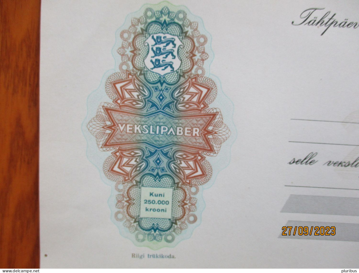 RARE!  Unc 1930-s ESTONIA BILL OF EXCHANGE 250.000 Kr , PRICE 500 Kr - Estonia