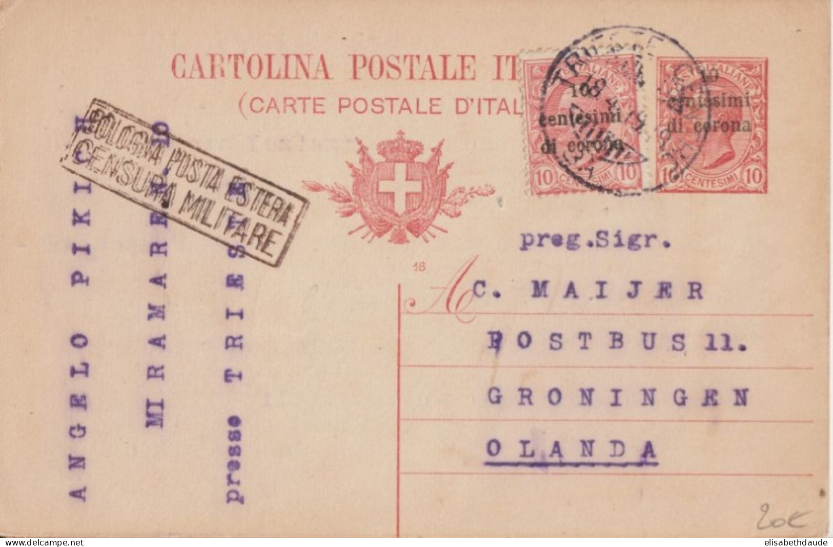 1919 - TRIESTE ! - CP ENTIER De TRIESTE Avec CENSURE => GRONINGEN (PAYS-BAS) ! - Trento & Trieste