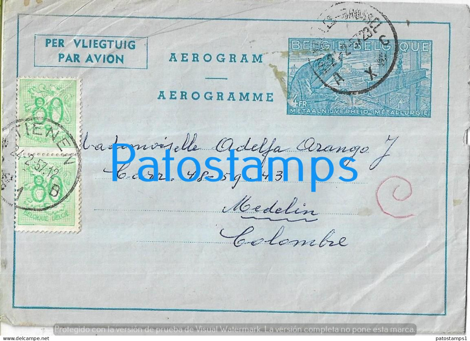 214555 BELGIUM TIRLEMONT AEROGRAM CANCEL YEAR 1957 CIRCULATED TO COLOMBIA NO POSTAL POSTCARD - Aerogrammi