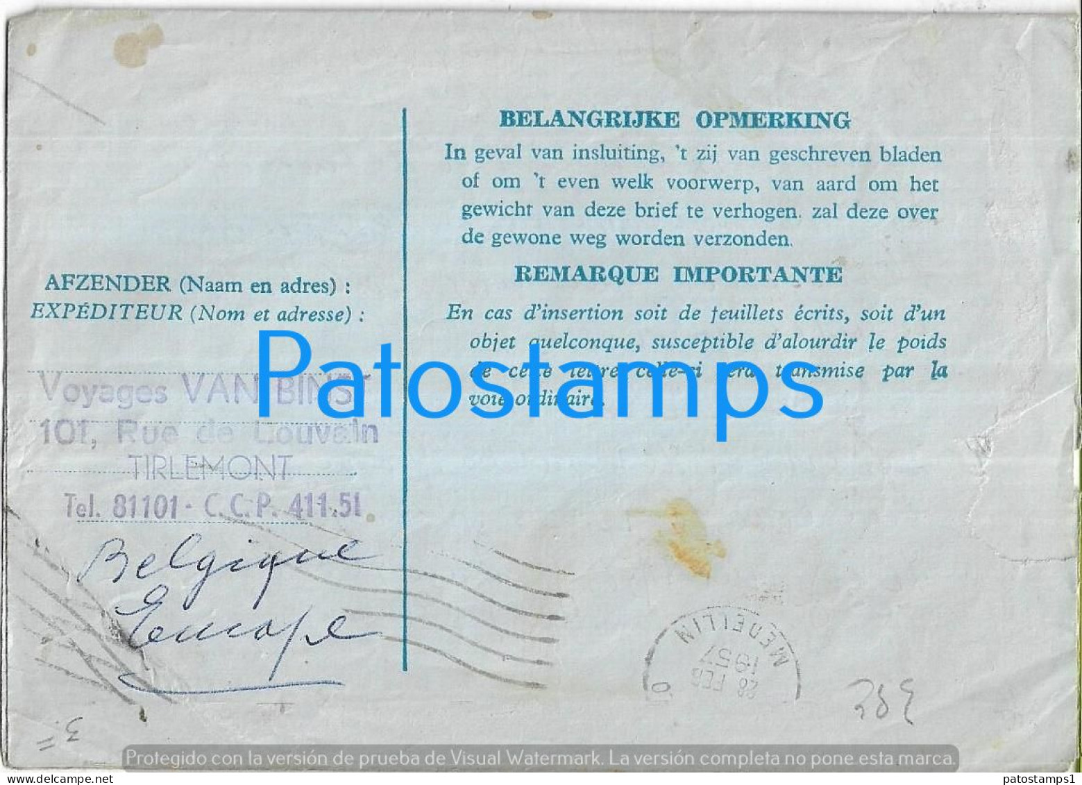 214555 BELGIUM TIRLEMONT AEROGRAM CANCEL YEAR 1957 CIRCULATED TO COLOMBIA NO POSTAL POSTCARD - Aerogramme