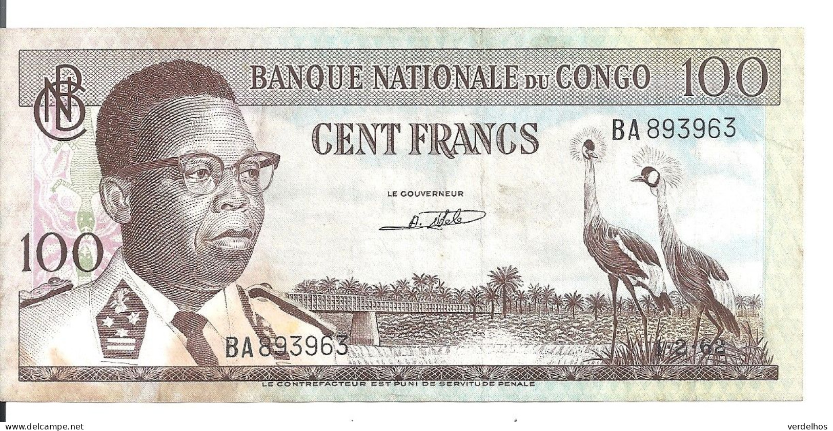 CONGO 100 FRANCS 1962 VF P 6 - Sin Clasificación