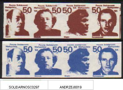 POLAND SOLIDARNOSC SOLIDARITY 1984 ACTIVISTS 2 STRIPS OF 4 BROWN & BLUE KURON MICHNIK WUJEC ROMASZEWSKI POLOGNE POLEN - Solidarnosc Labels