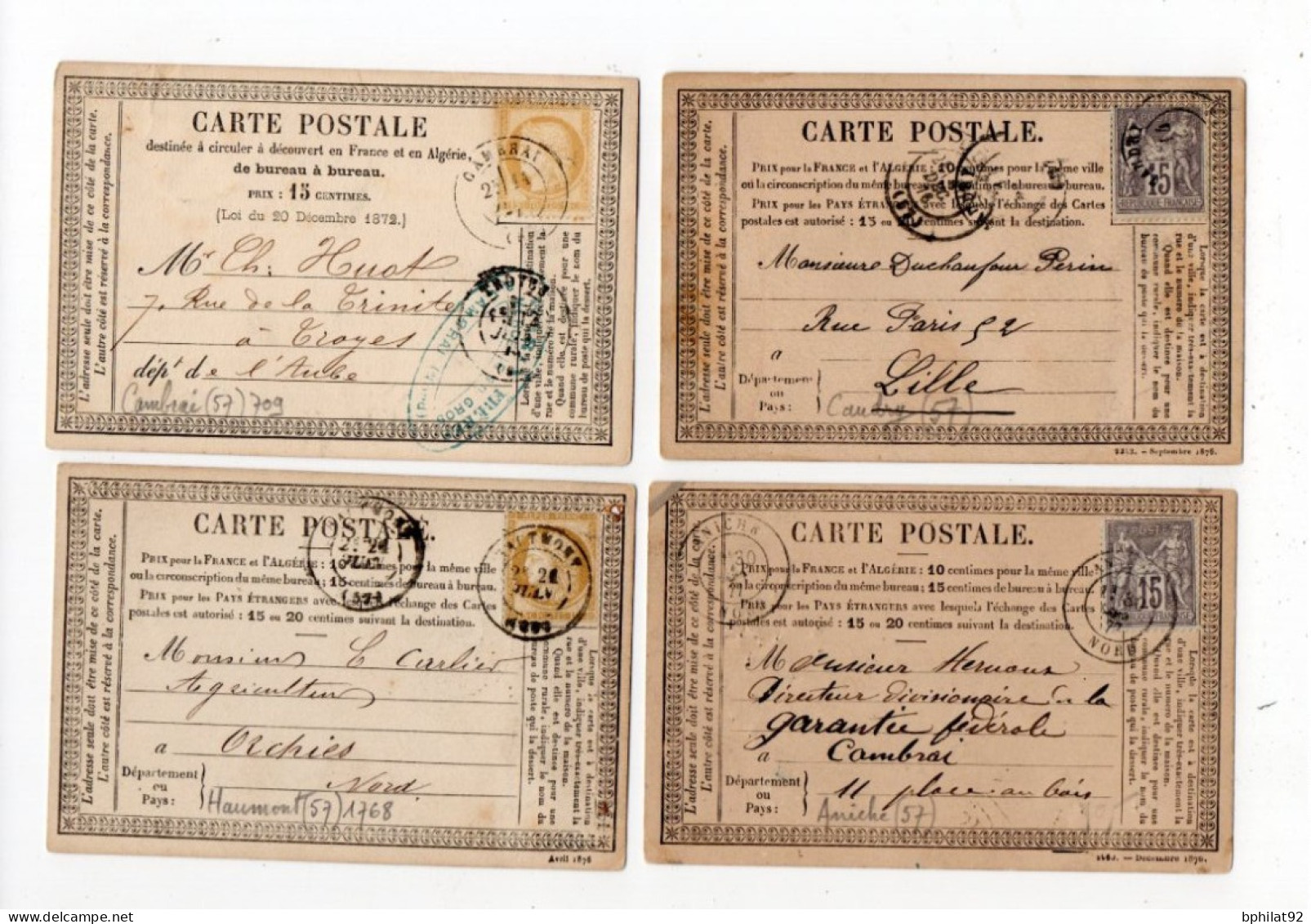 !!! LOT DE 4 CARTES PRECURSEUR CERES ET SAGE CACHETS D'HAUMONT, CAMBRAI, CAUDRY ET ANICHE (NORD) - Cartes Précurseurs