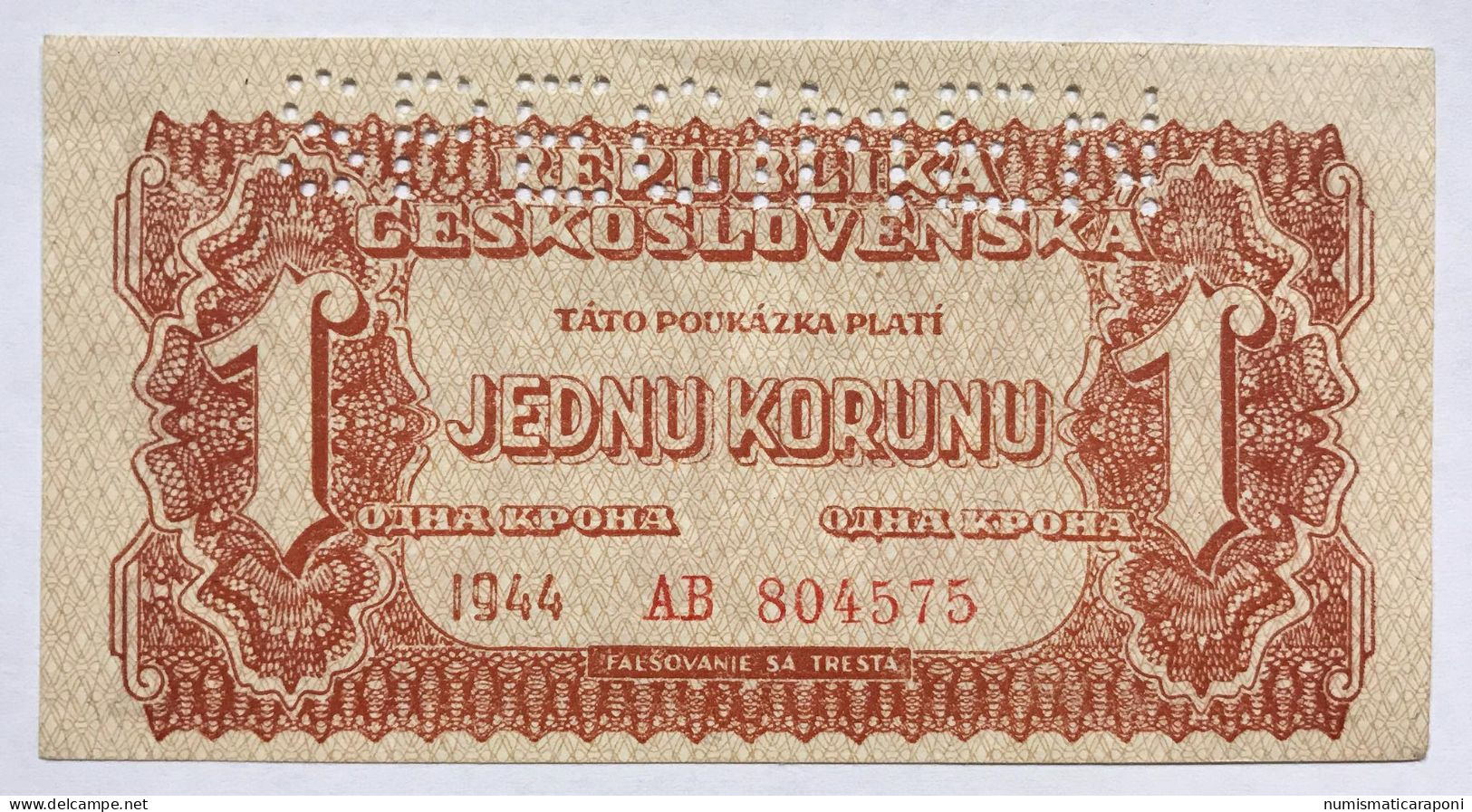 Ceskoslovenska CECOSLOVACCHIA  Czechoslovakia 1 KORUN 1944 Specimen Pick#45s Lotto 1672 - Czech Republic