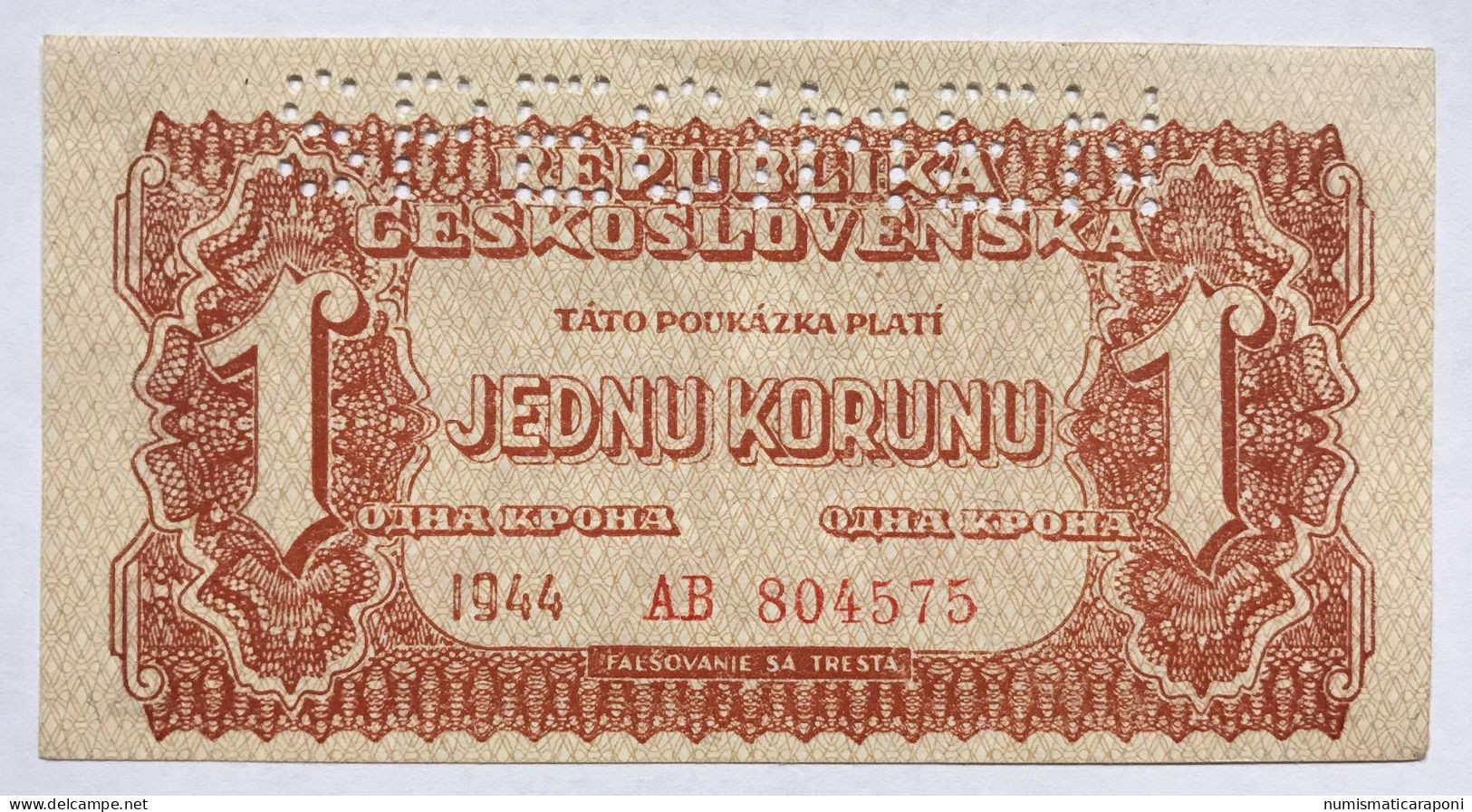 Ceskoslovenska CECOSLOVACCHIA  Czechoslovakia 1 KORUN 1944 Specimen Pick#45s Lotto 1672 - República Checa
