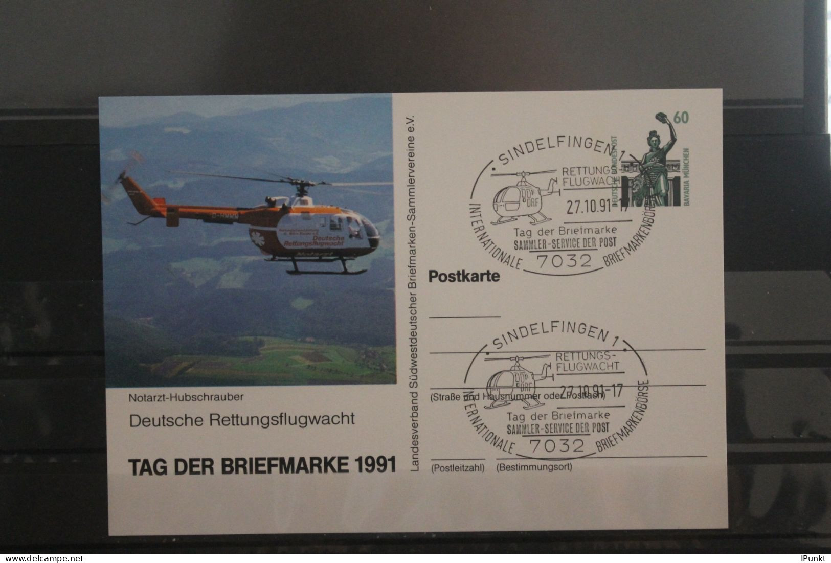 Deutschland 1991;Ganzsache Tag Der Briefmarke: Dt. Rettungsflugwacht:Hubschrauber;SST Sindelfingen - Privé Postkaarten - Gebruikt