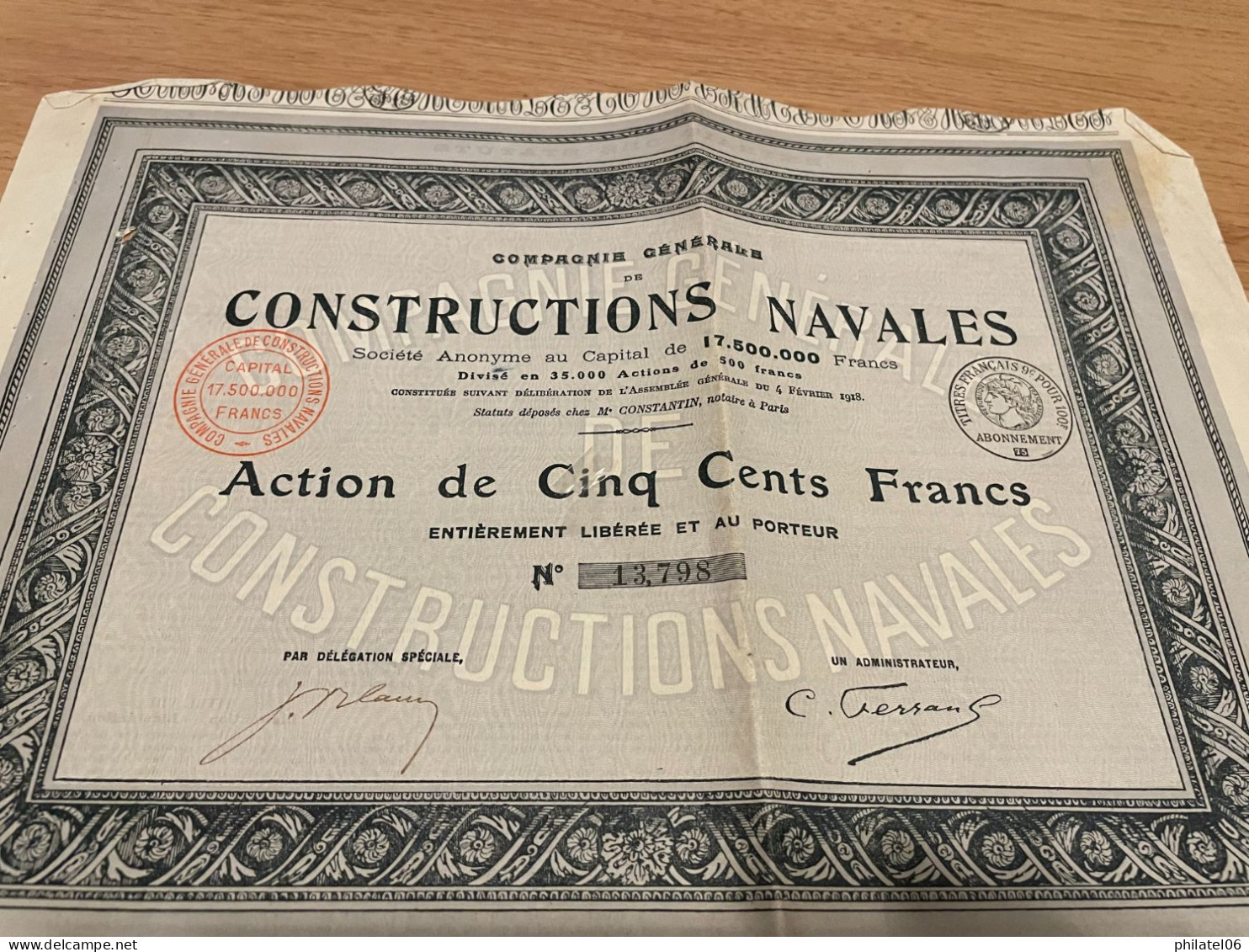 ACTION COMPAGNIE GENERALE DE CONSTRUCTION NAVALE COMPLETE AVEC COUPONS   1918  TB - Navegación