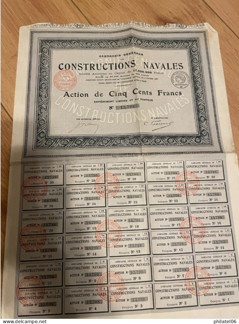 ACTION COMPAGNIE GENERALE DE CONSTRUCTION NAVALE COMPLETE AVEC COUPONS   1918  TB - Navy