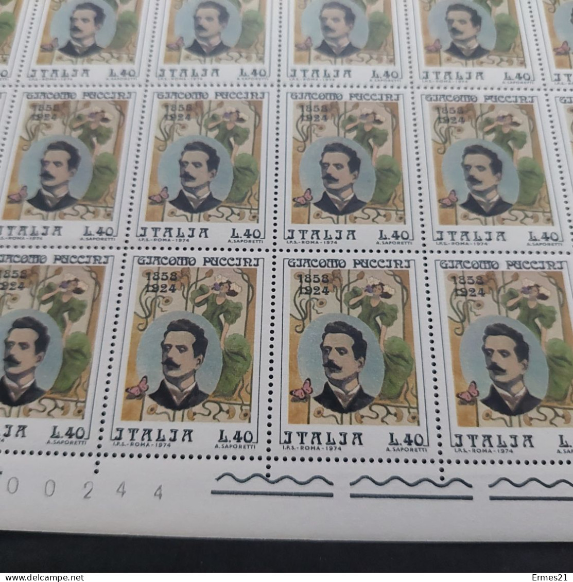 Francobolli 1974. Giacomo Puccini. Condizioni Eccellenti. Nuovo. Valore Lire 50×40pz. - Fogli Completi