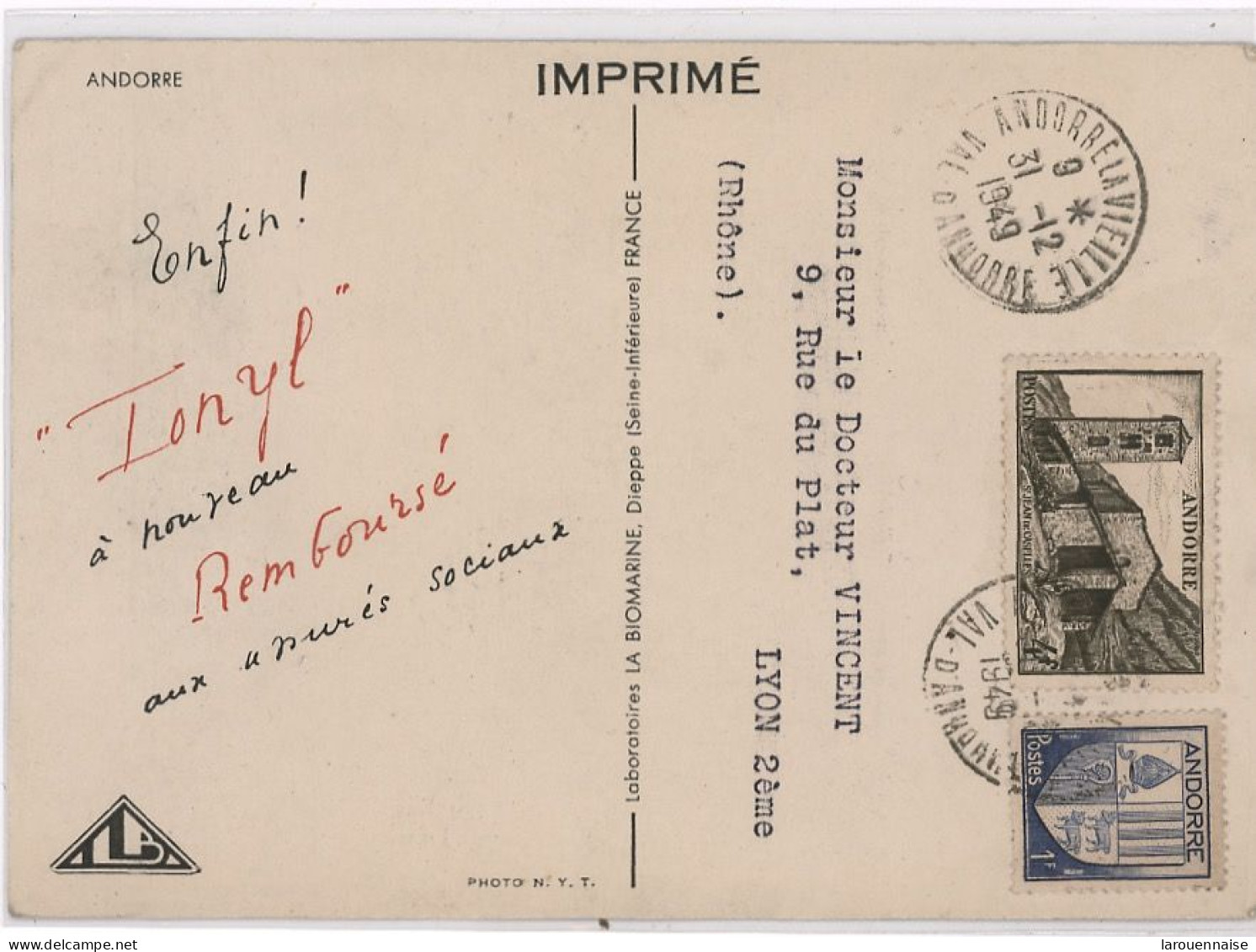 ANDORRE (france) N°119 +122 / IMPRIME POUR LA FRANCE -31-12-49- TARIF 6-1-49 = 5F - Storia Postale