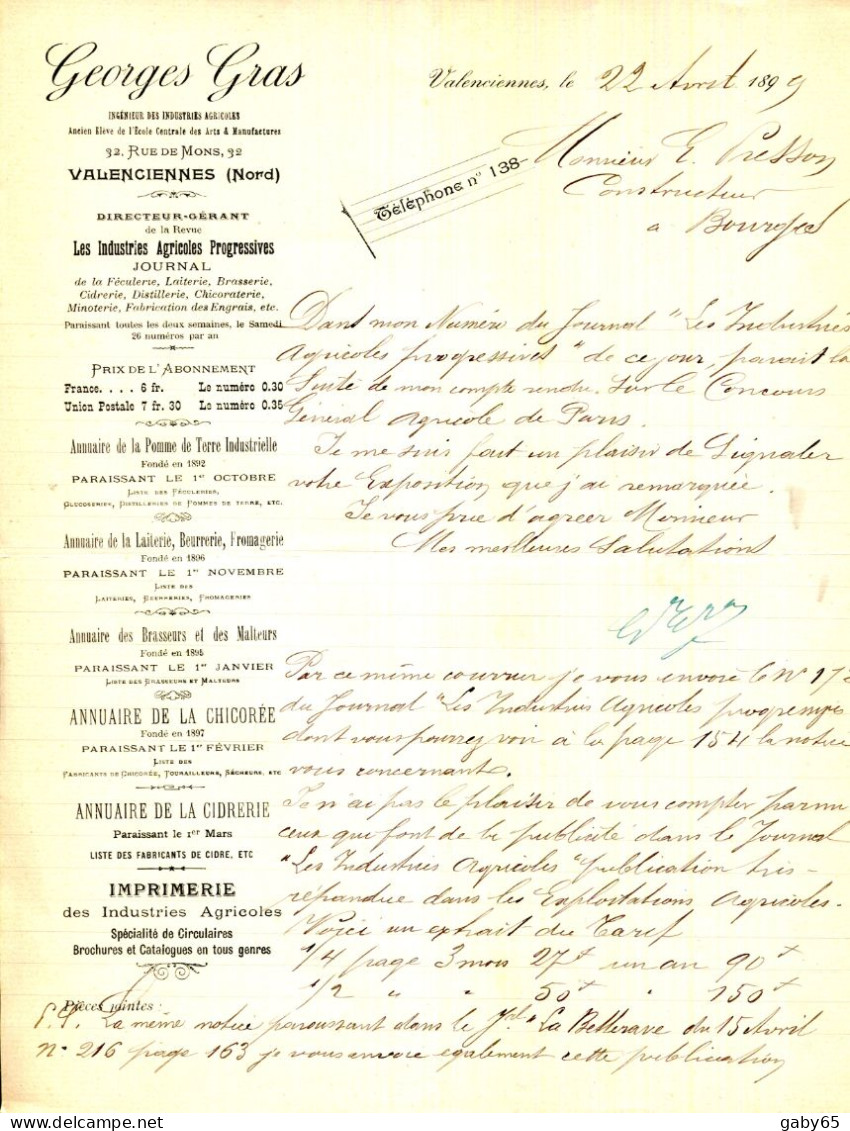 FACTURE.59.NORD.VALENCIENNES.JOURNAL " LES INDUSTRIES AGRICOLES PROGRESSIVES "GEORGES GRAS 32 RUE DE MONS. - Druck & Papierwaren