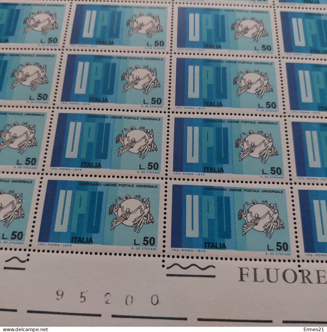 Francobolli 1974. Centenario Unione Postale Universale. Condizioni Eccellenti. Nuovo. Valore Lire 50×50pz. - Fogli Completi