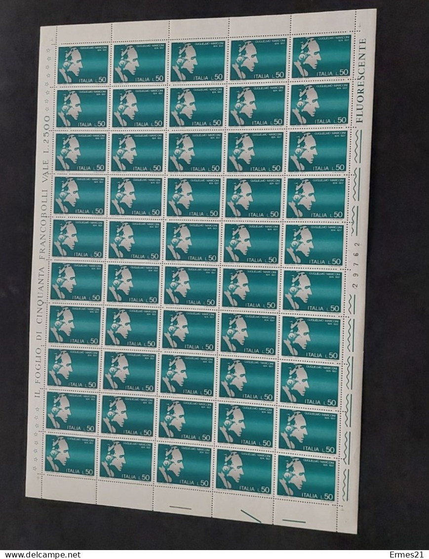 Francobolli 1974. Guglielmo Marconi. Condizioni Eccellenti. Nuovo. Valore Lire 50×50pz. - Feuilles Complètes