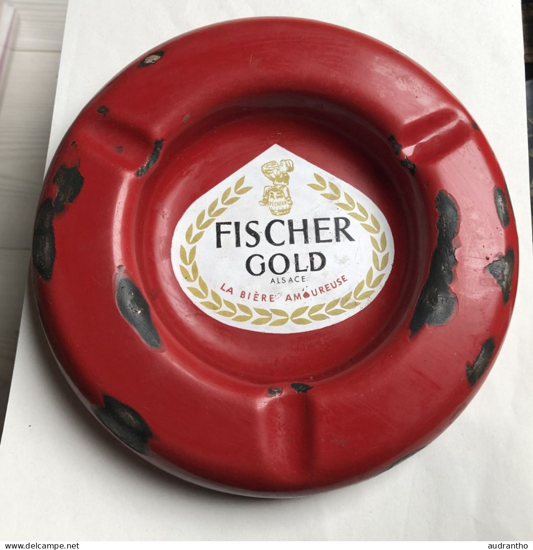 Ancien Grand Cendrier En Métal émaillé - Bière Fischer Gold Alsace - Portacenere