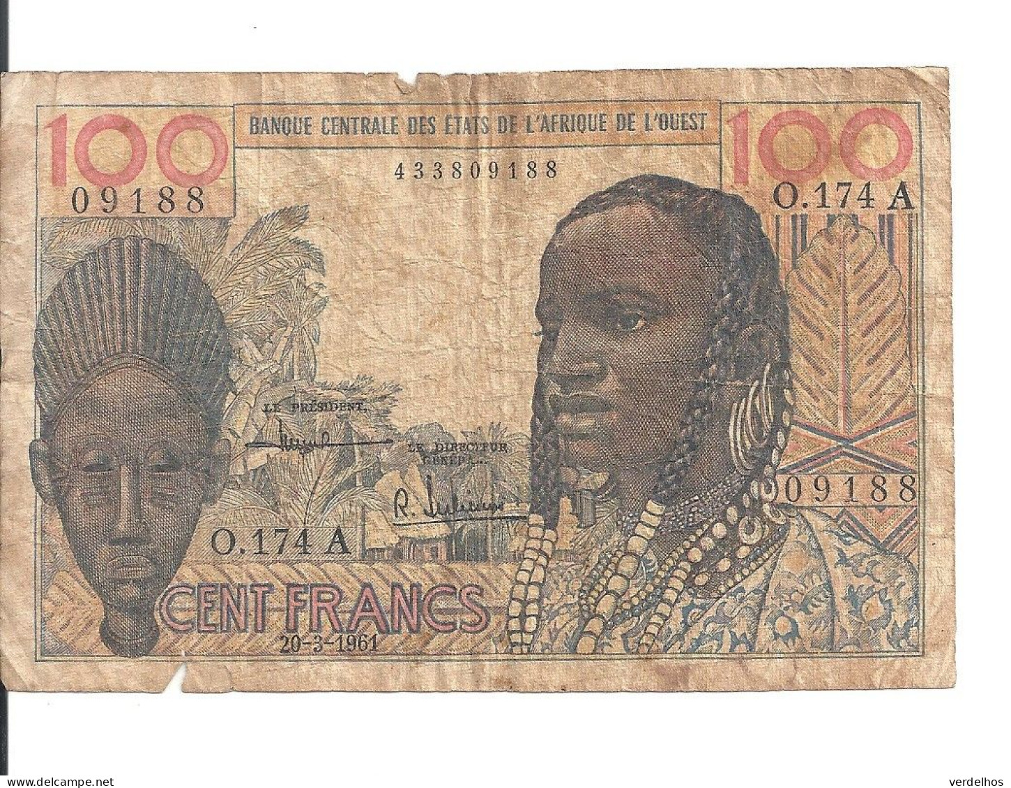 COTE D'IVOIRE 100 FRANCS ND1961-65 VG+ P 101A - Côte D'Ivoire