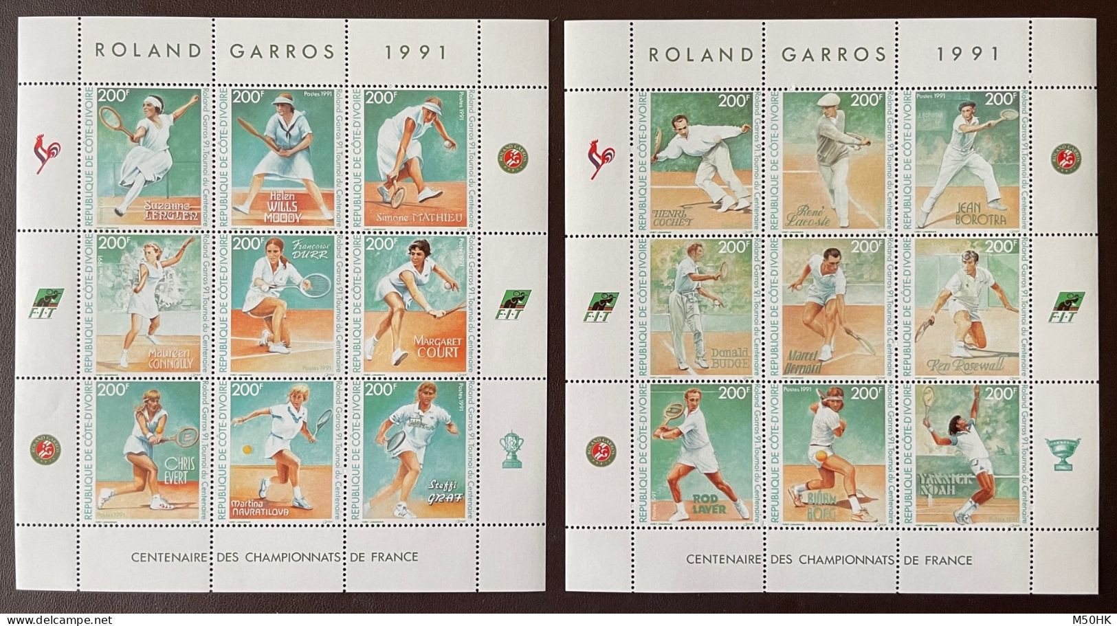 Cote D'Ivoire - YV 854 à 871 N** MNH Luxe , Les 2 Feuillets Roland Garros Avec Les Champions Et Championnes De Tennis - Côte D'Ivoire (1960-...)