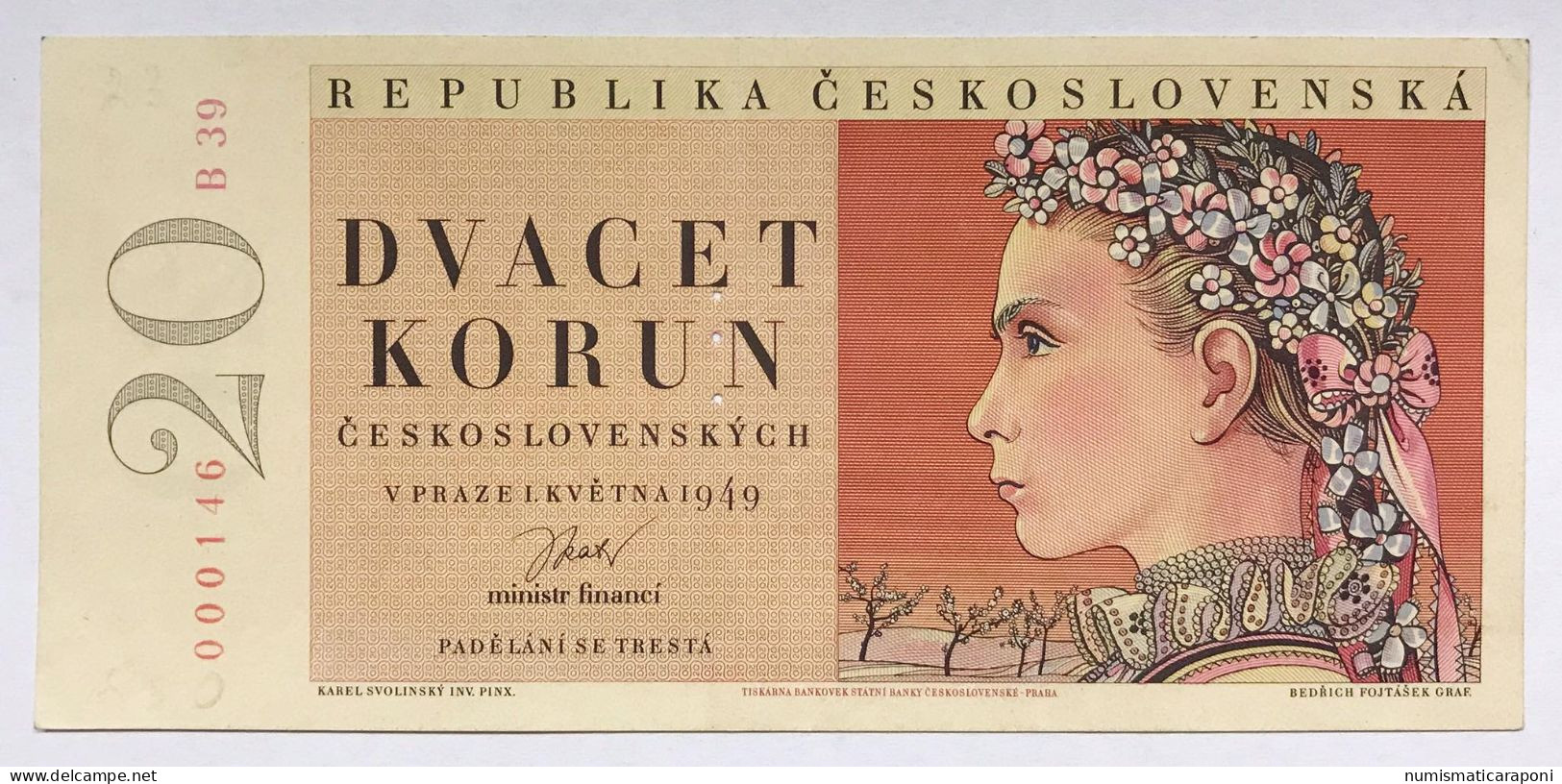Ceskoslovenska CECOSLOVACCHIA  Czechoslovakia 20 KORUN 1949 Pick#70 S 3 Holes Lotto 2465 - República Checa