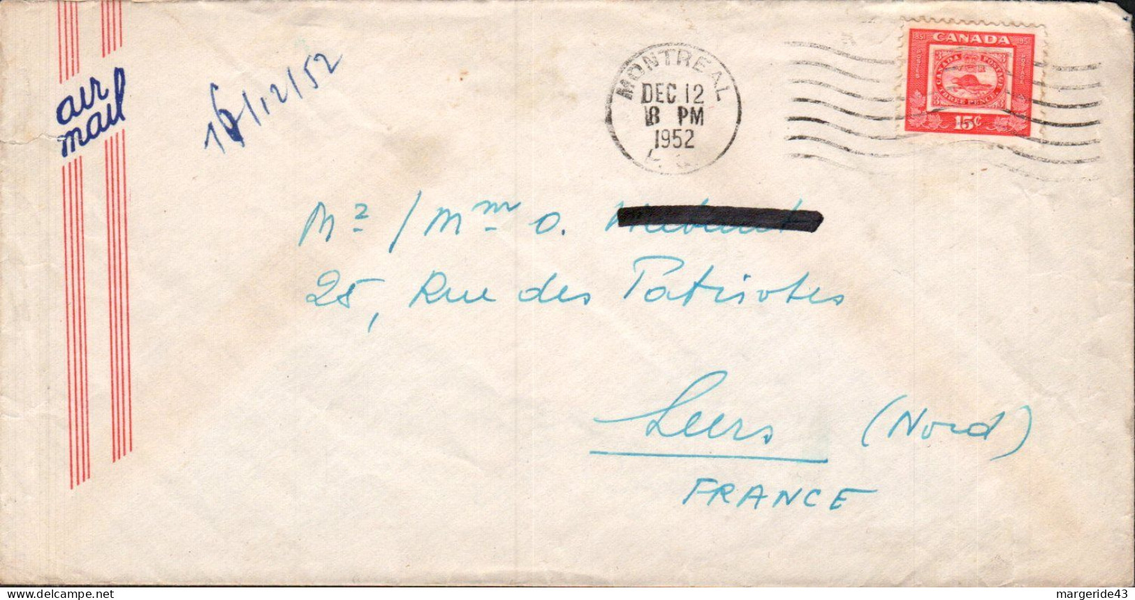 CANADA SEUL SUR LETTRE POUR LA FRANCE 1952 - Briefe U. Dokumente