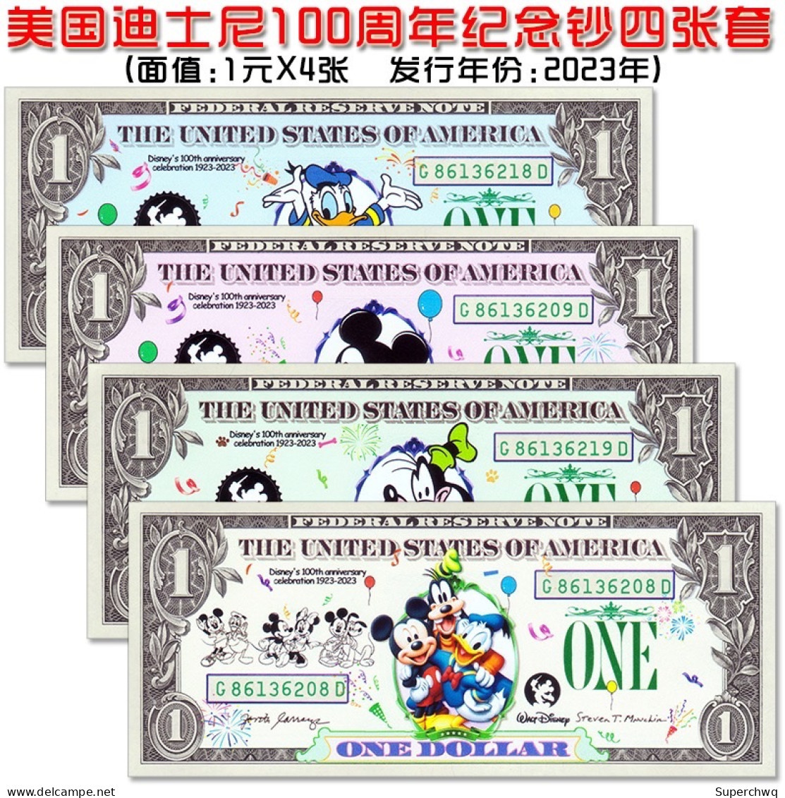 2023 Disney Commemorative Note 1 Dollar Note UNC In The United States，4 Full Set - Collezioni