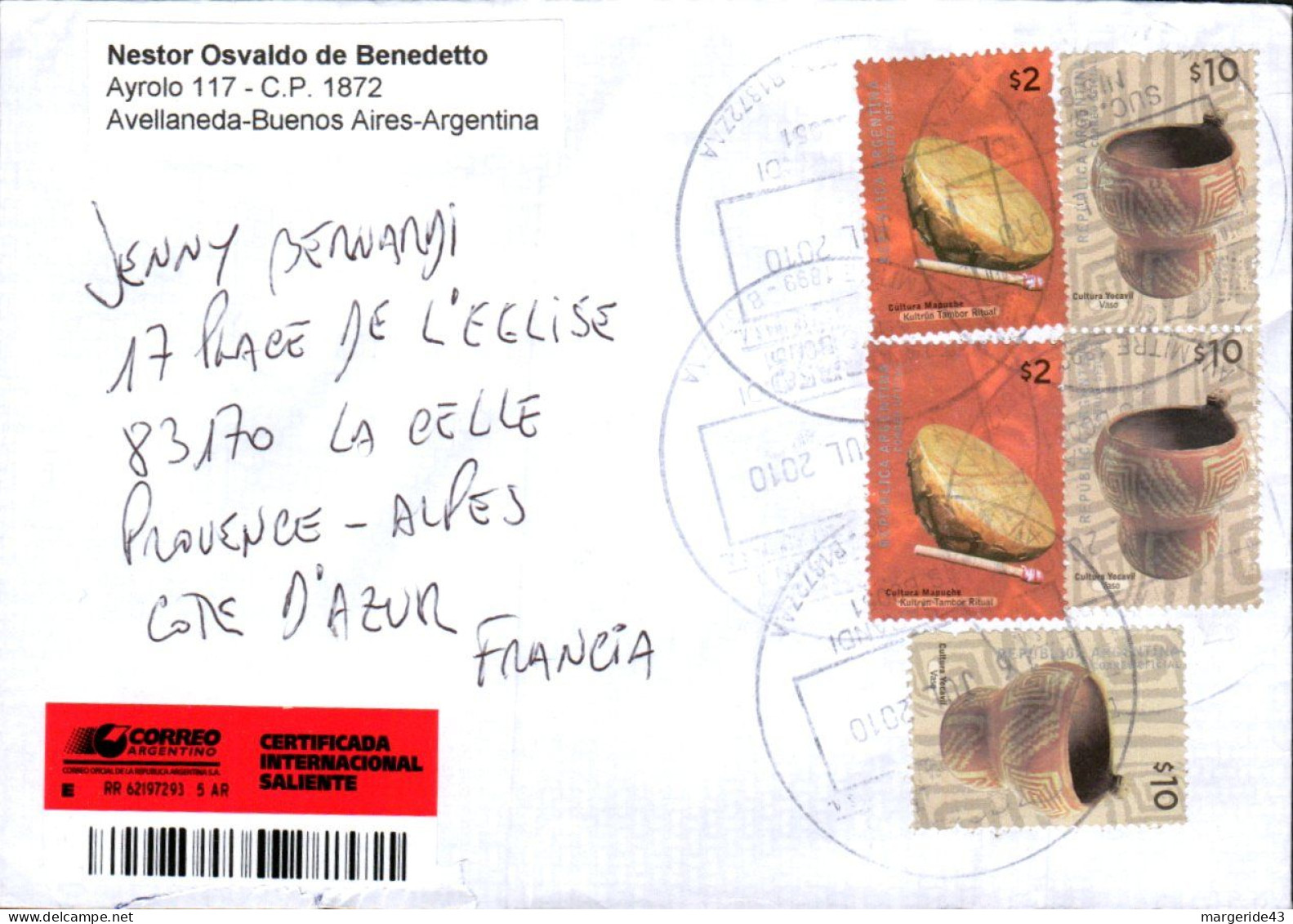 ARGENTINE AFFRANCHISSEMENT COMPOSE SUR  LETTRE RECOMMANDEE POUR LA FRANCE 2010 - Briefe U. Dokumente