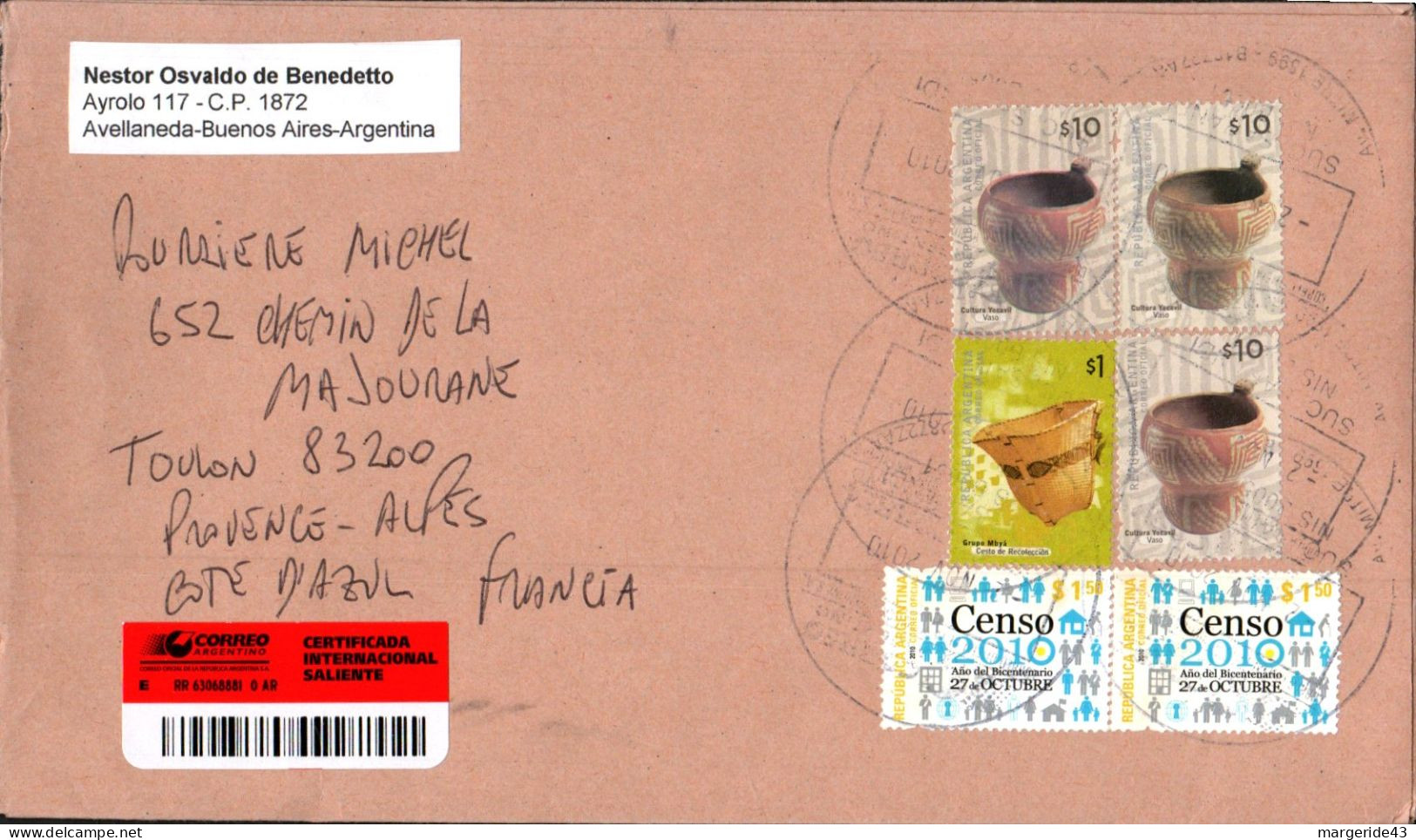 ARGENTINE AFFRANCHISSEMENT COMPOSE SUR  LETTRE RECOMMANDEE POUR LA FRANCE 2010 - Covers & Documents