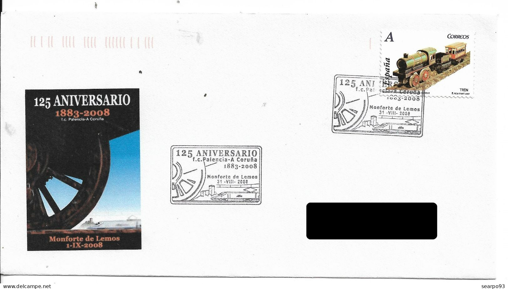 SPAIN. POSTMARK. 125th ANNIV. RAILROAD PALENCIA - A CORUÑA. MONFORTE DE LEMOS. 2008 - Sonstige & Ohne Zuordnung