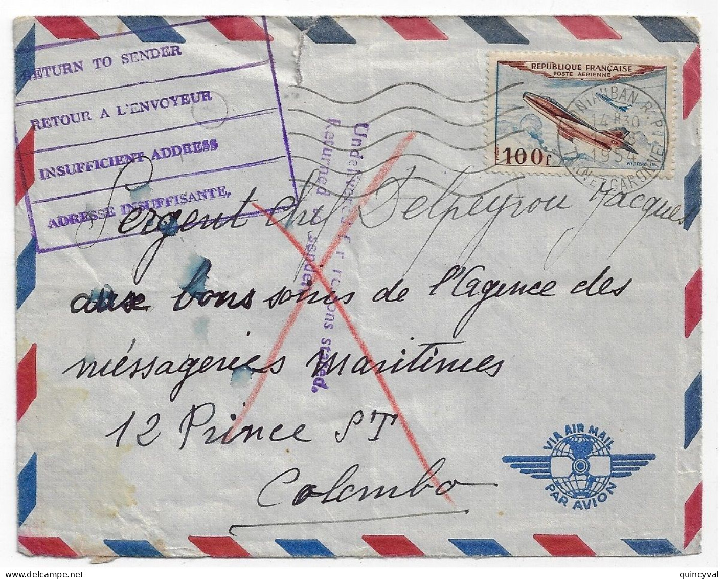 MONTAUBAN Lettre Poste Aérienne Dest COLOMBO Via Laos Vietnam Retour à L'envoyeur Return To Sender Yv PA 30 Ob 1954 - 1927-1959 Lettres & Documents