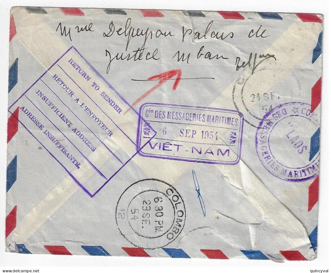 MONTAUBAN Lettre Poste Aérienne Dest COLOMBO Via Laos Vietnam Retour à L'envoyeur Return To Sender Yv PA 30 Ob 1954 - 1927-1959 Cartas & Documentos