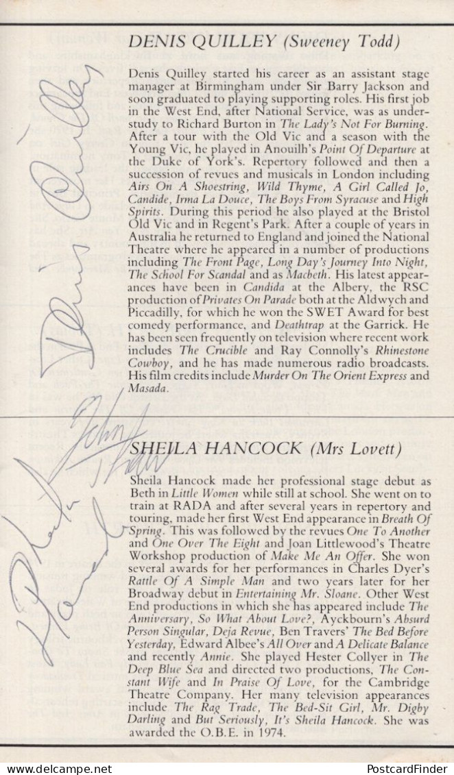 Sweeney Todd Sheila Hancock Denis Quilley Opening Night 3x Hand Signed Theatre Programme - Actors & Comedians