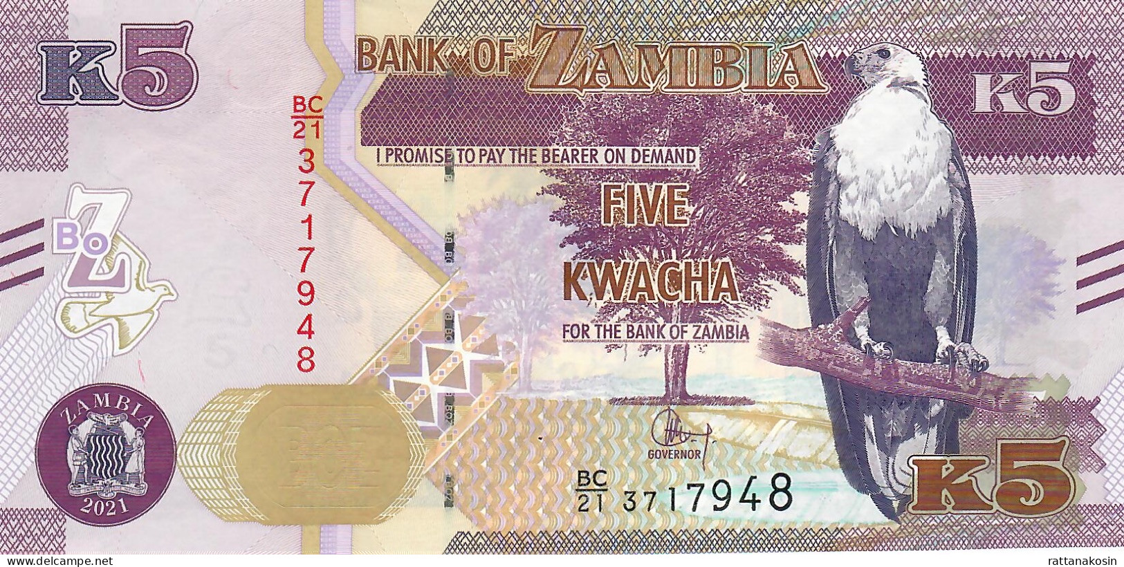 ZAMBIA P57d 5  KWACHA 2021 #BC/21  UNC. - Zambie