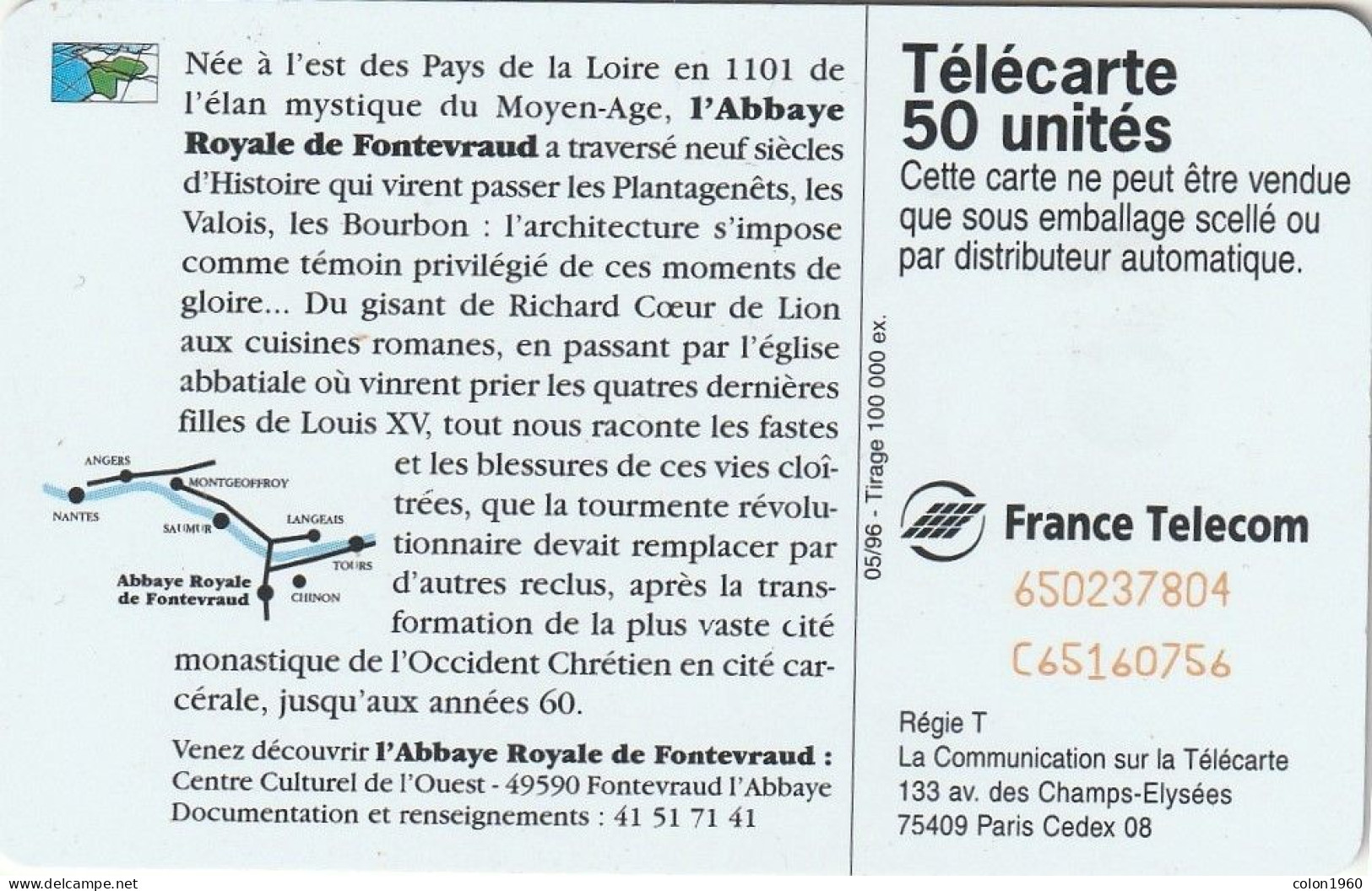 FRANCIA. F648. Pays De La Loire 4 - Abbaye Royale De Fontevraud. 50U. 1996-05. (896) - 1996