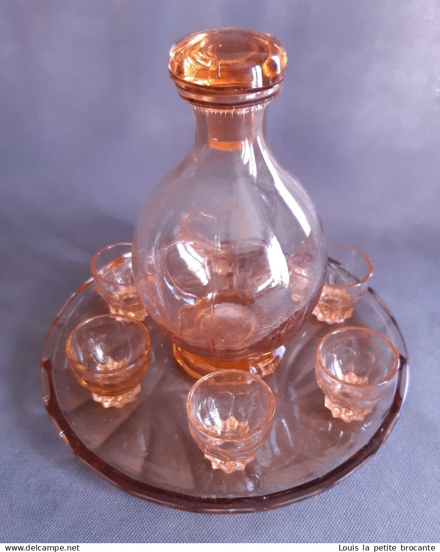 Service à Liqueur (goute) En Verre Transparent Coloré Rosé, Années 50, - Vasos