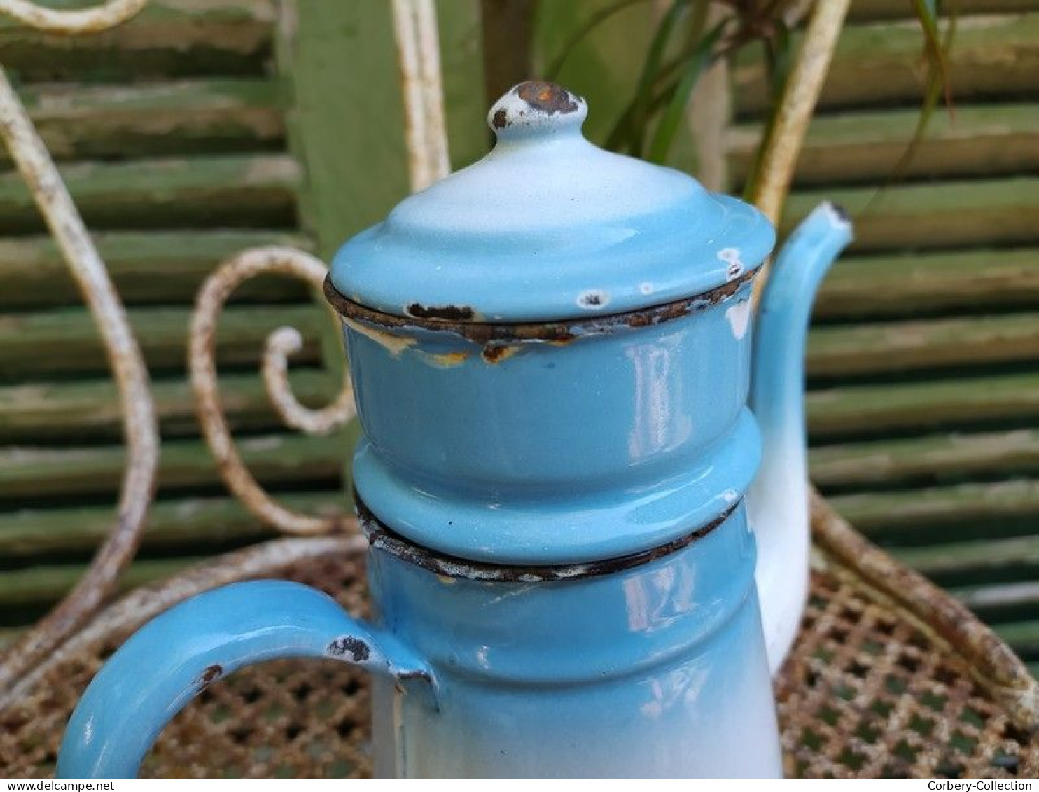 Ancienne Petite Cafetière Émaillée Bleu Dégradé (Petit modèle)