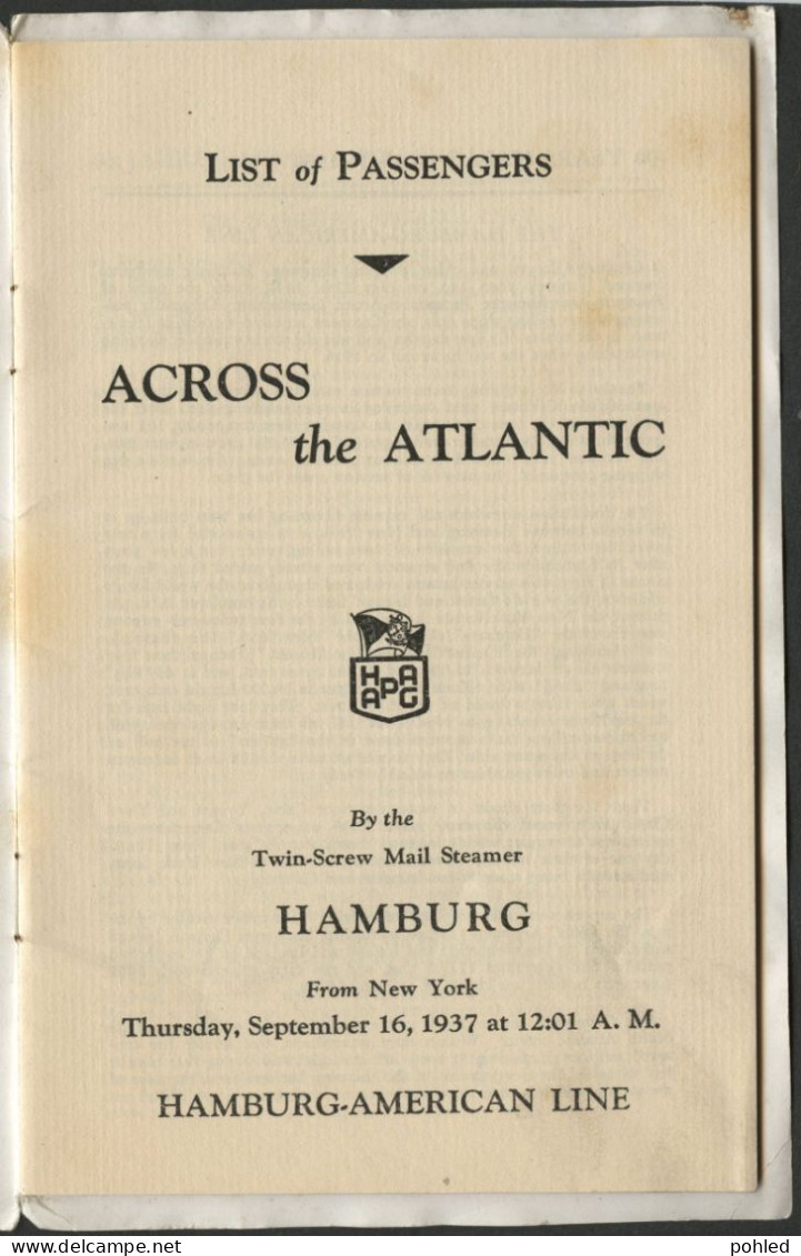 00844*HAPAG LLOYD*LIST OF PASSENGERS*ACROSS THE ATLANTIC BY THE TWIN-SCREW MAIL STEAMER HAMBURG*1937 - Monde