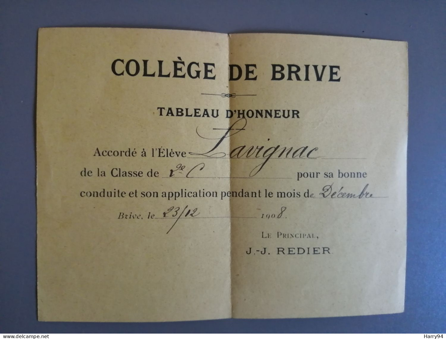 Tableau D'honneur Collège De Brive 1908 - Diplômes & Bulletins Scolaires