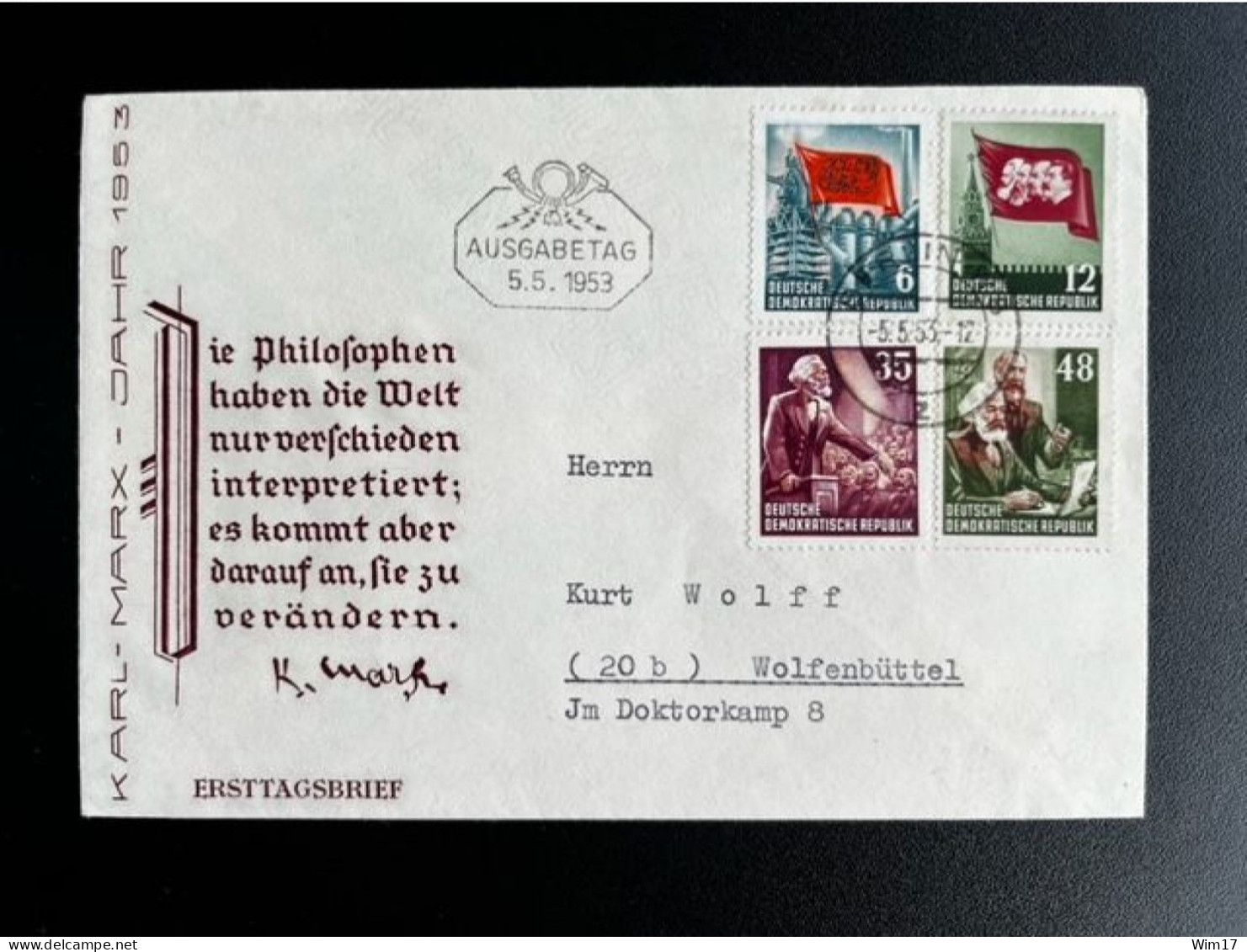 EAST GERMANY DDR 1953 CIRCULATED FDC KARL MARX 05-05-1953 OOST DUITSLAND DEUTSCHLAND - 1950-1970