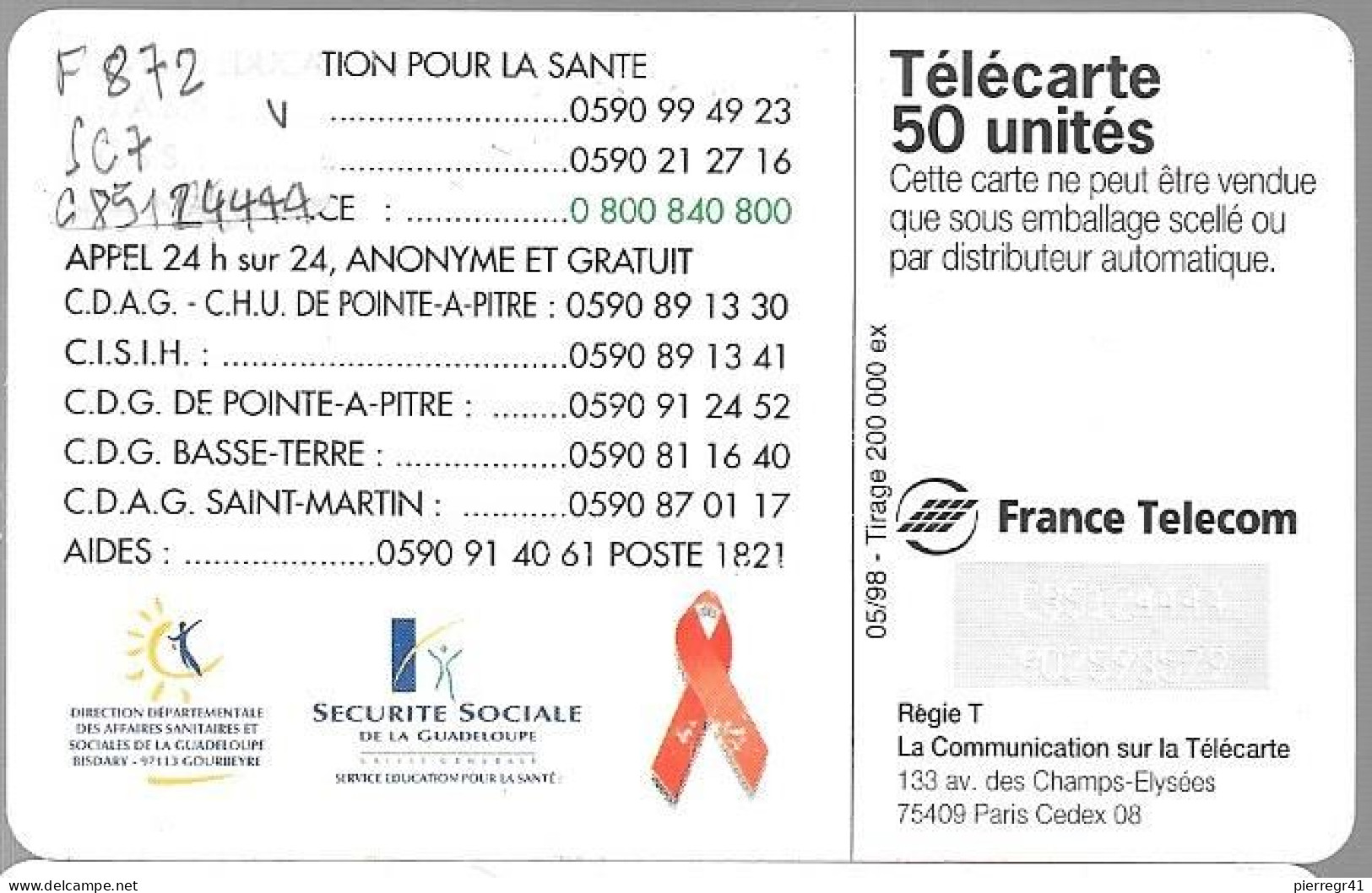 CARTE-PUBLIC-50U-05/98-F872-SC7-CODE DE L AMOUR-N° Etroit-C85124444-UTILISE-TBE - 1998