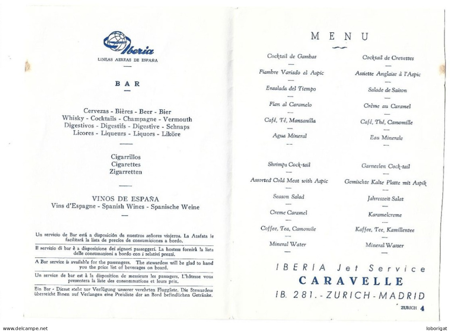 CARTA-MENU DE CABINA. AÑOS 50 O POSIBLEMENTE ANTERIOR.- PRIMEROS VUELOS ZURICH - MADRID DE IBERIA. - Collezioni E Lotti