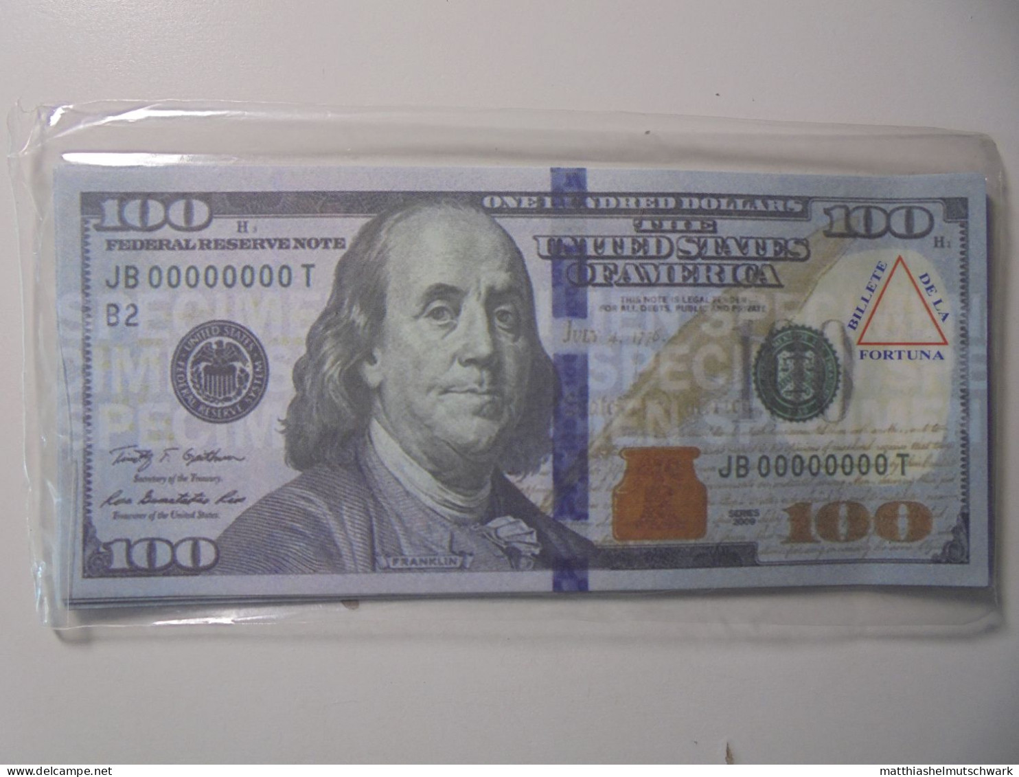 Aktueller USA – Geldschein 100 Dollars „BILLETE DE LA FORTUNA“, Mengenrabatt - Specimen