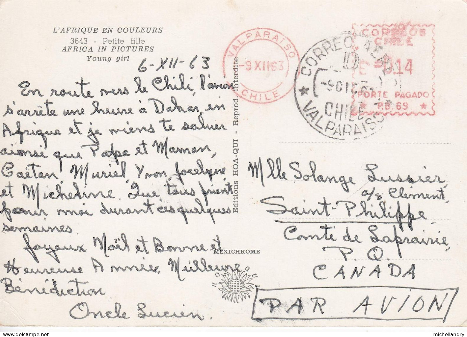 Carte Postal (123673) L’Afrique En Couleur 3643 Petite Fille 9 XII 63 Oblitéré Valparaiso Avec écriture - Afrique Du Sud