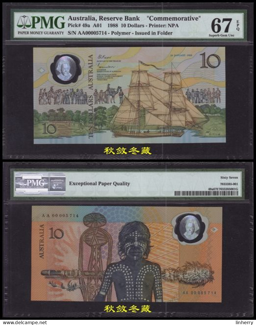 Australia 10 Dollars (1988), Polymer, Commemorative, AA000 Prefix, PMG67 - 1988 (10$ Polymère)