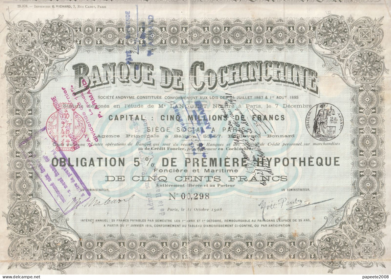 Indochine - Banque De Cochinchine - Obligation 5% De Première Hypothèque / 1908 - Asia